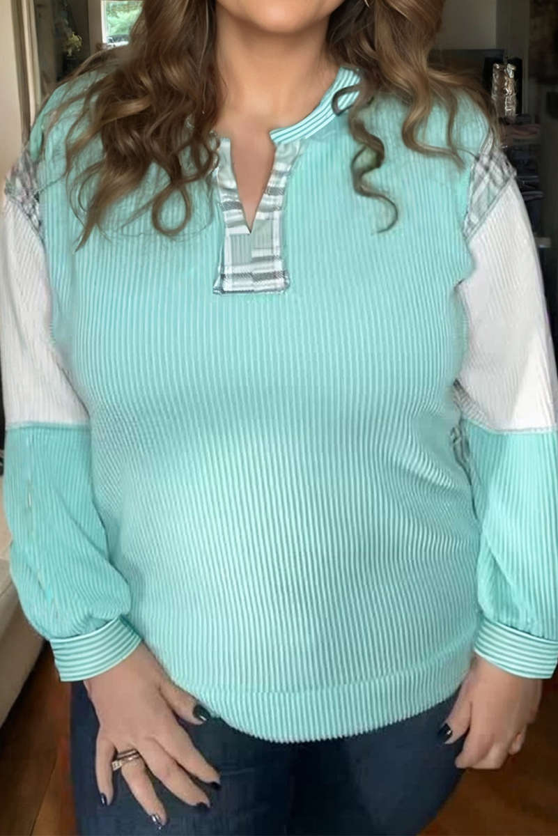 Aruba Blue Twist Ribbed Color Block Plaid Patchwork Plus Size Long Sleeve Top