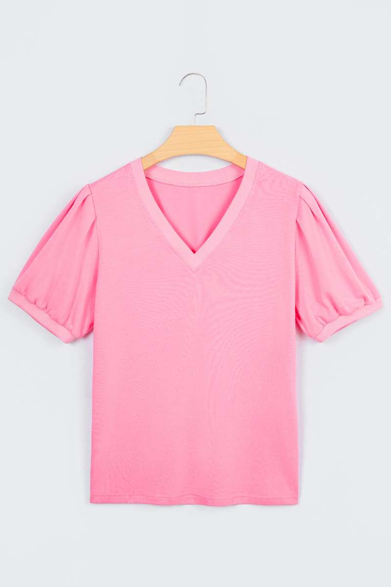 Bonbon Solid Color V Neck Short Puff Sleeve Blouse