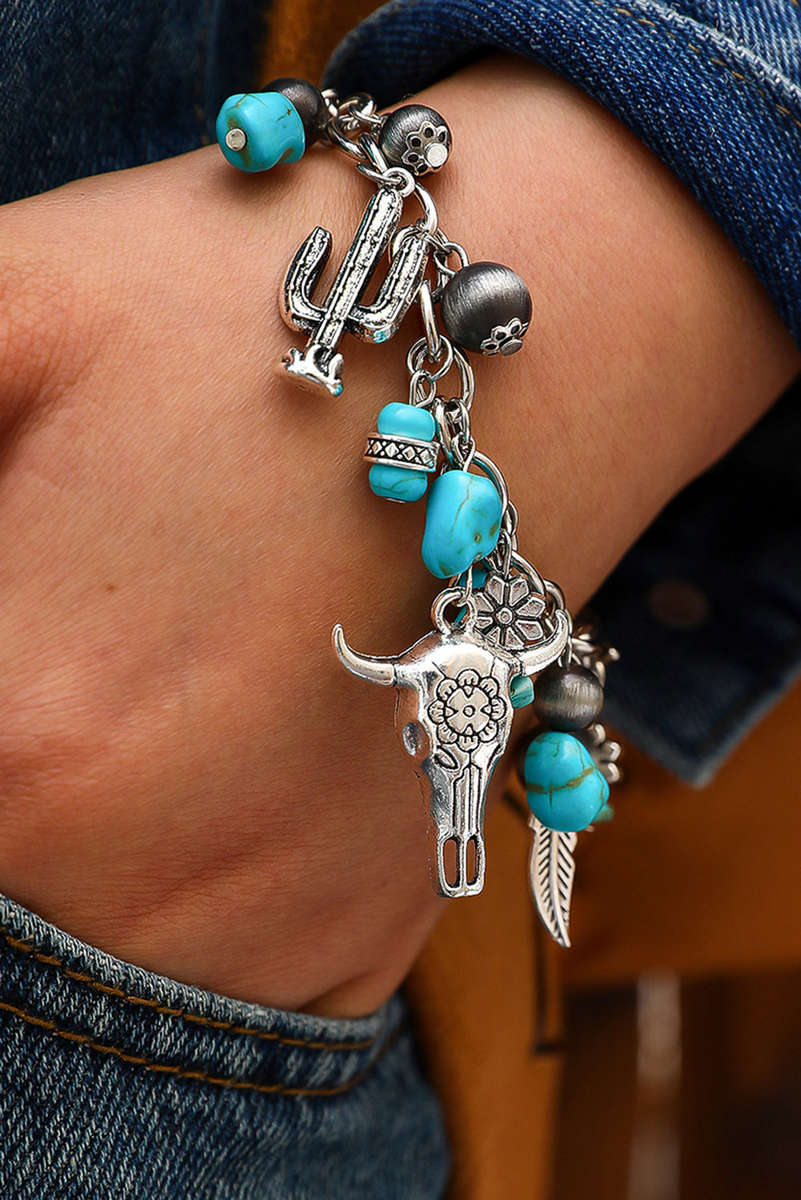Silvery Western Steer Head Turquoise Charm Alloy Bracelet