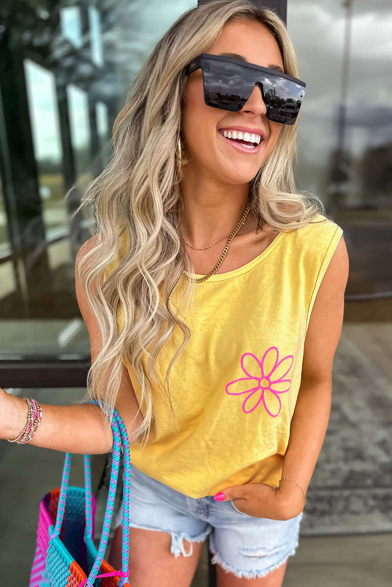 Yellow Cream Flower Graphic Casual Tank Top