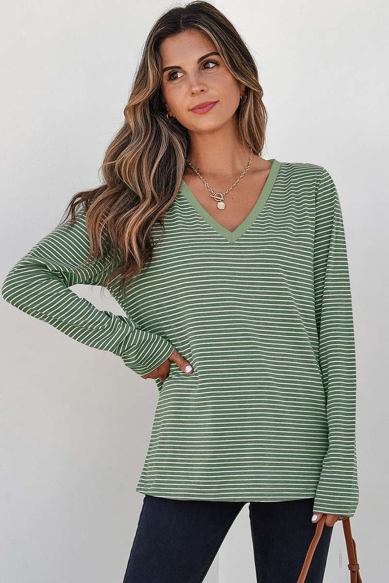 Green Stripe V Neck Stretchy Long Sleeve Top