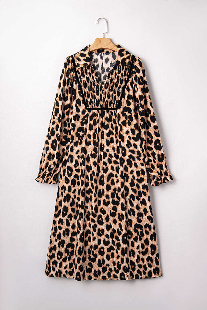 Brown Leopard Print Smocked Detail Flowy Midi Dress