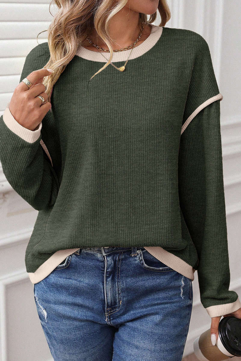 Four Leaf Clover Contrast Color Trim Knit Drop Shoulder Loose Top