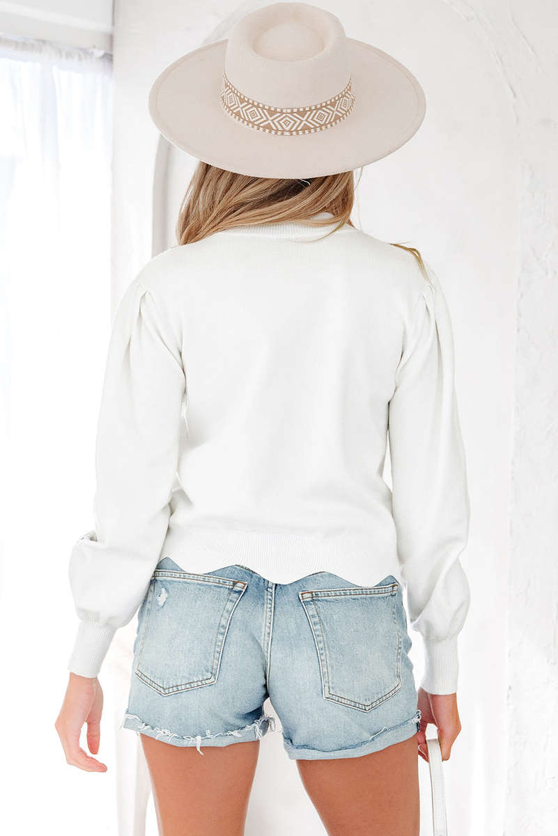 White Floral Embroidered Scallop Hem Cropped Sweater