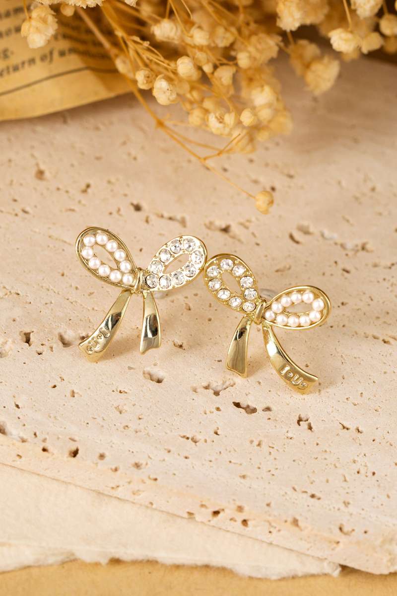 Gold Rhinestone Pearl Bow Earrings