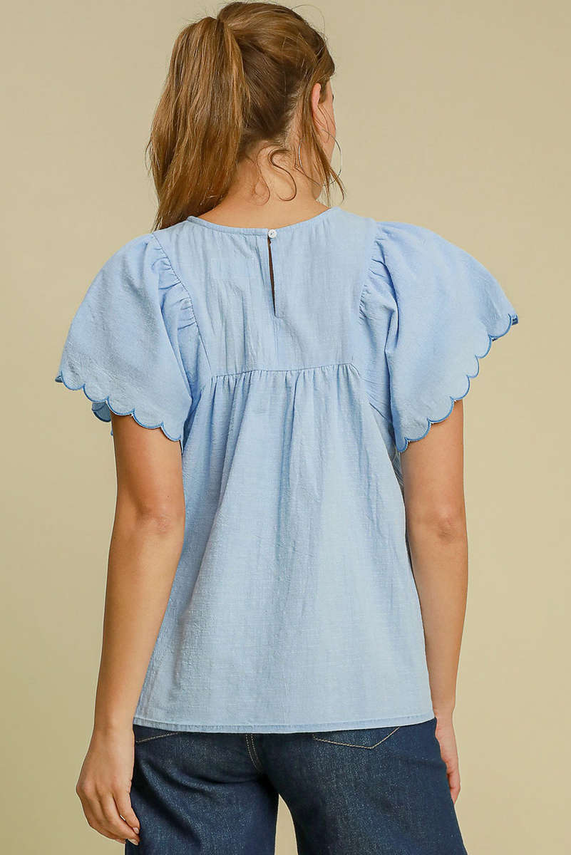 Beau Blue Solid Color Embroidered Scalloped Sleeves Crew Neck Blouse