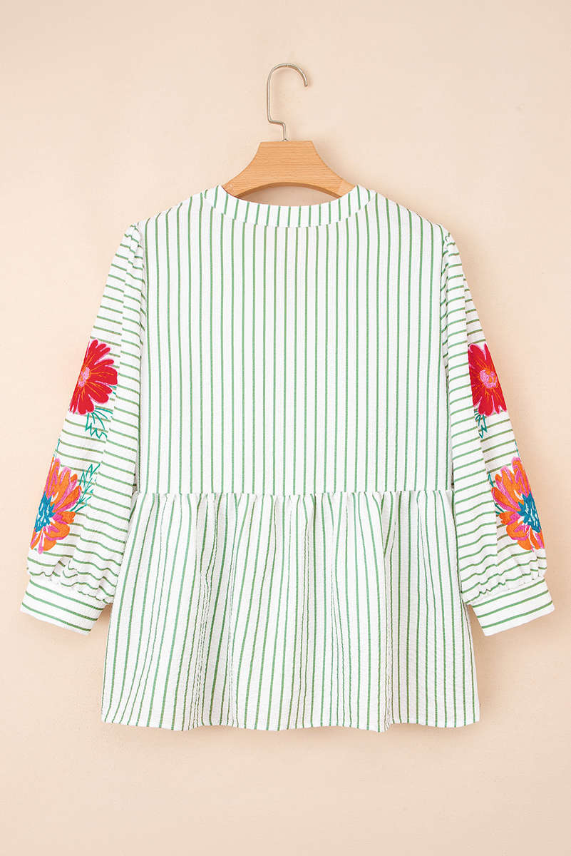 Green Stripe Flower Puff Sleeve Notched V Neck Babydoll Blouse