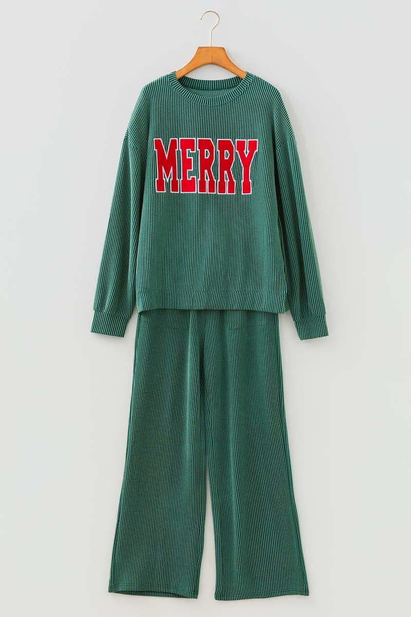 Dark Green MERRY Corded Long Sleeve Top and Pockets Pants Set