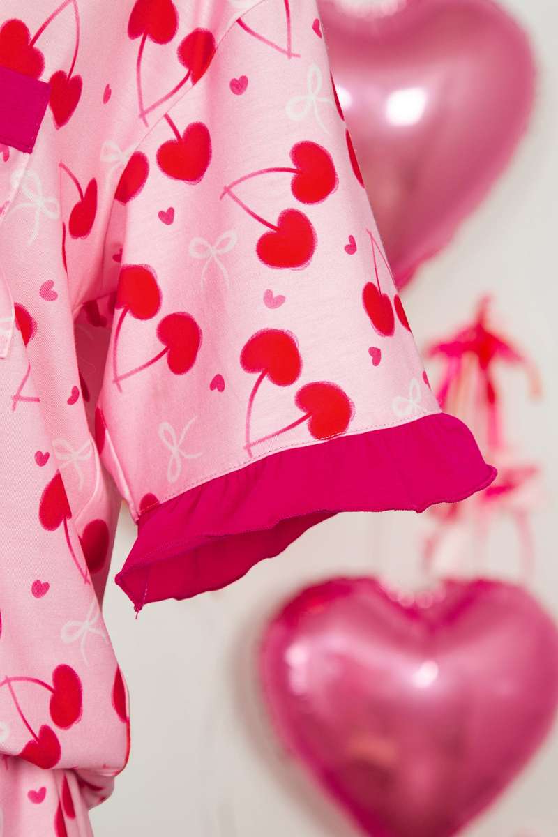 Rose Cherry Bow Mixed Print Scalloped Edge Short Pajama Set