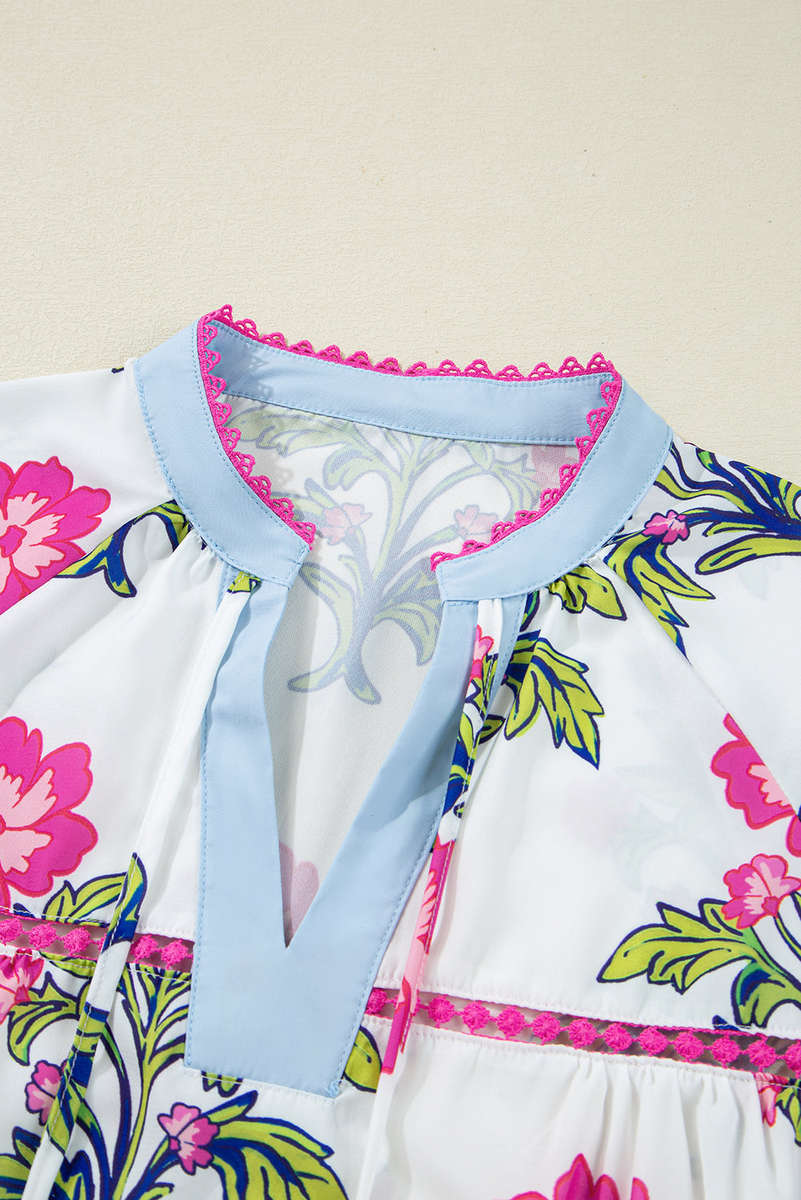 Rose Vintage Floral Print Contrast Notched V Neck Plus Size Summer Blouse