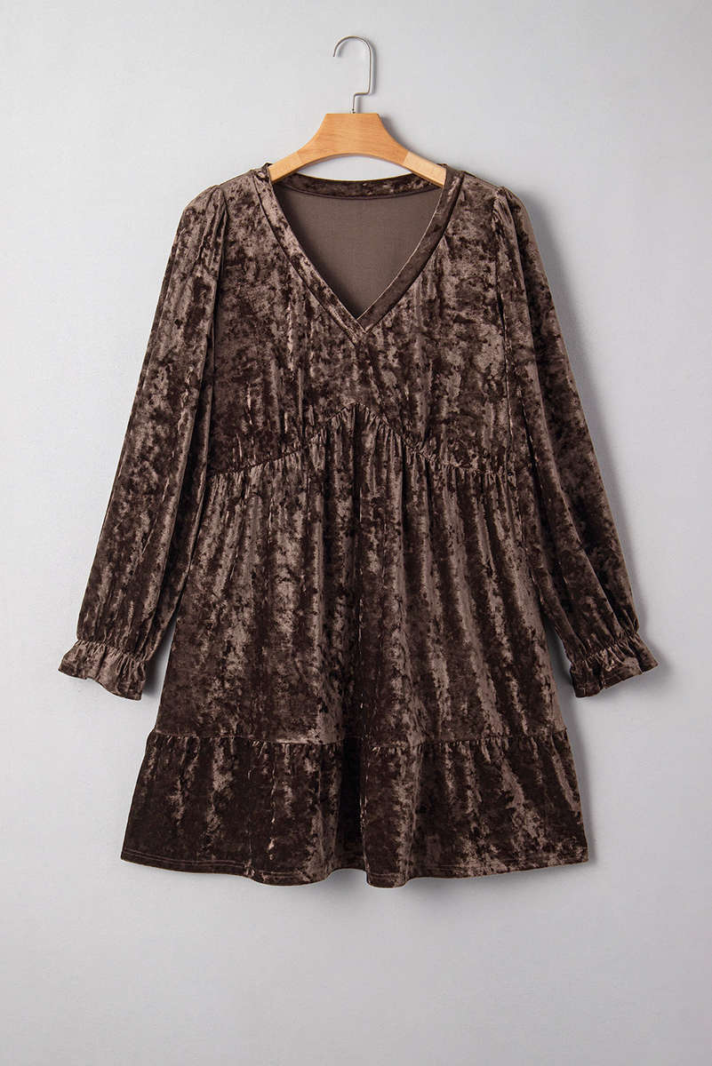 Coffee Plus Size Velvet Babydoll Mini Dress with Puff Sleeve