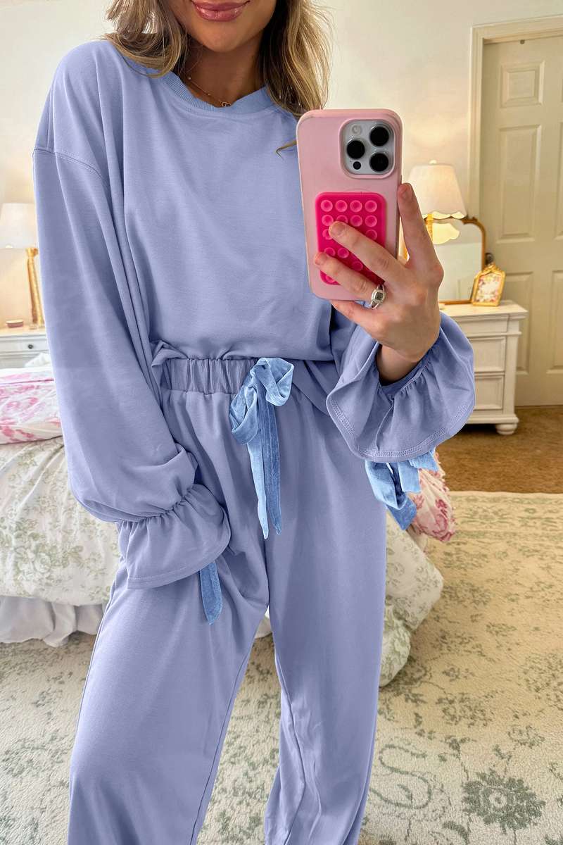 Beau Blue Flounce Long Sleeve Top Drawstring Pants Contrast Velvet Bow Knot 2pcs Lounge Set