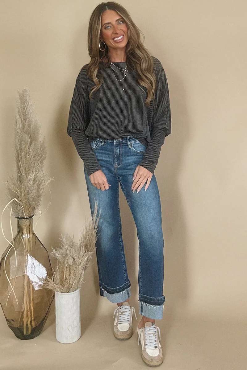 Carbon Grey Twisted Ribbed Dolman Long Sleeve Top