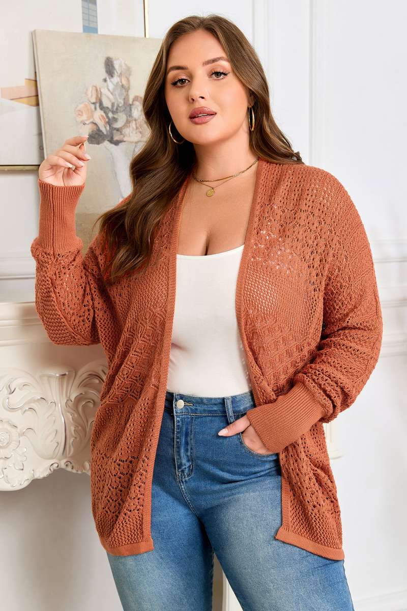 Redwood Burl Mixed Pattern Knitted Open Front Plus Cardigan