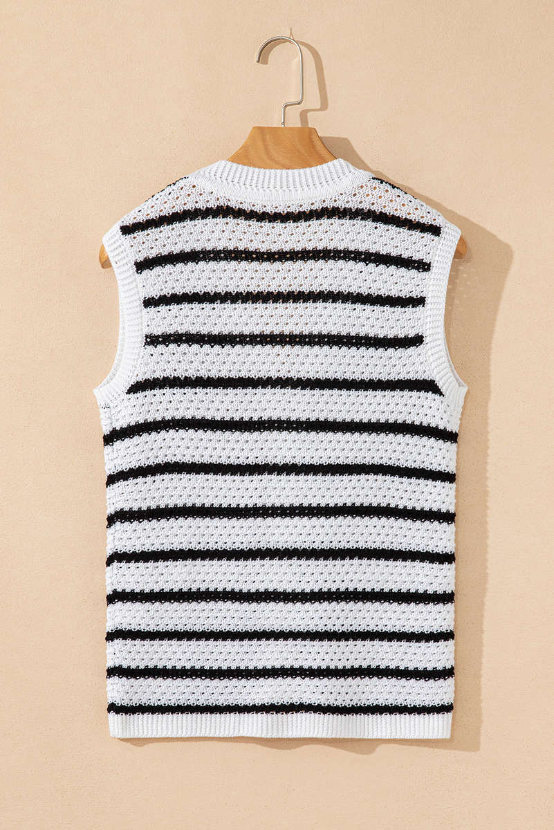 Black Stripe V Neck Gold Buttons Elegant Sweater Vest