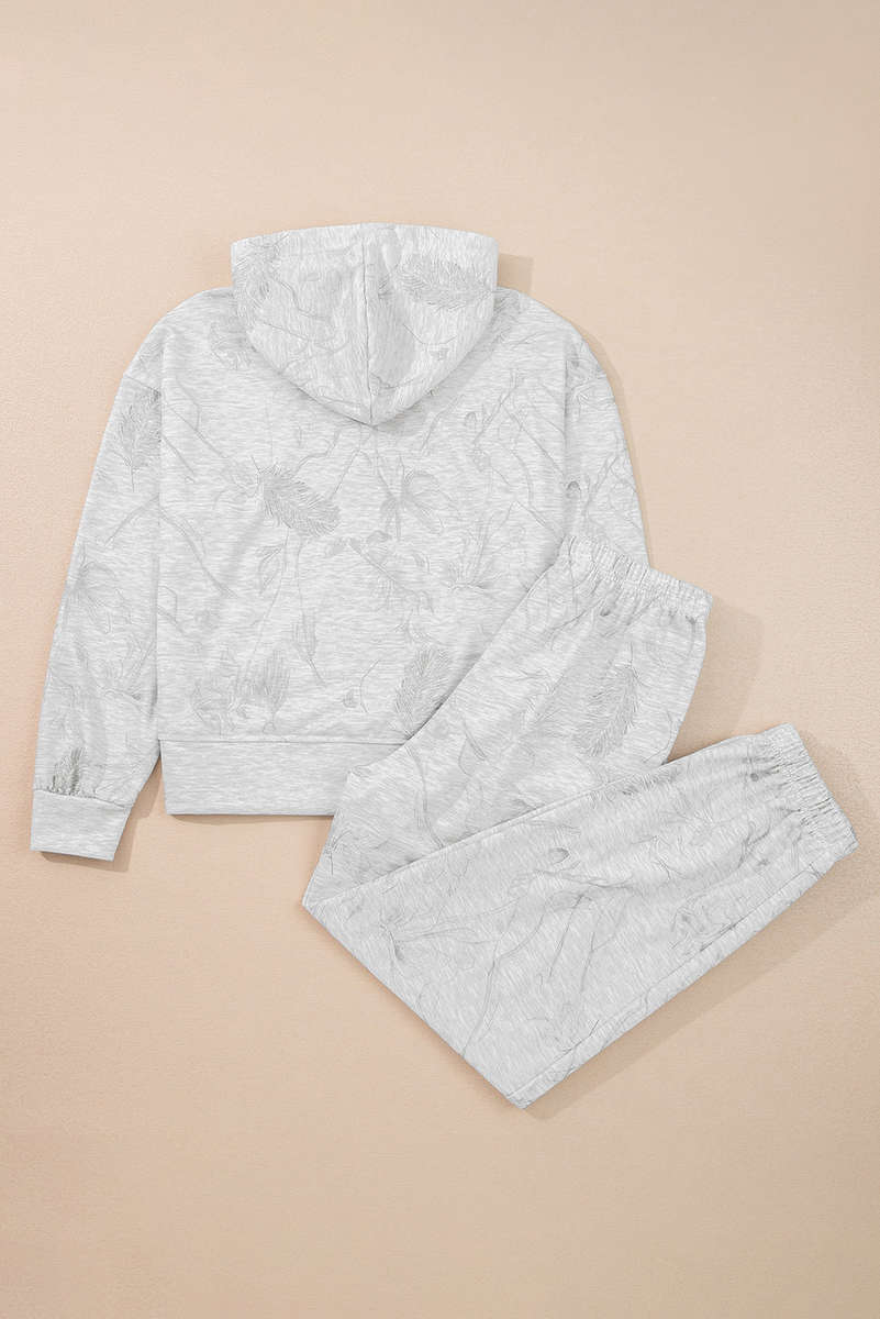 Light Grey Abstract Print Loose Drop Sleeve Hoodie Elastic Waistband 2pcs Pant Set