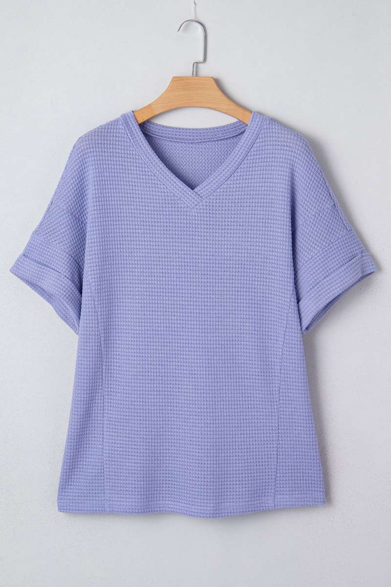 Wisteria Waffle V Neck Short Sleeve Knit Top