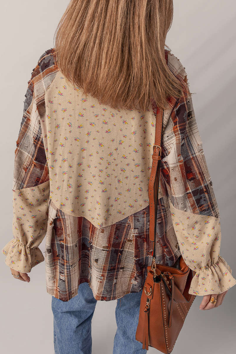 Ashleigh Blue Boho Floral Plaid Patchwork Distressed Detail Ruffled Sleeve Waffle Knit Shacket