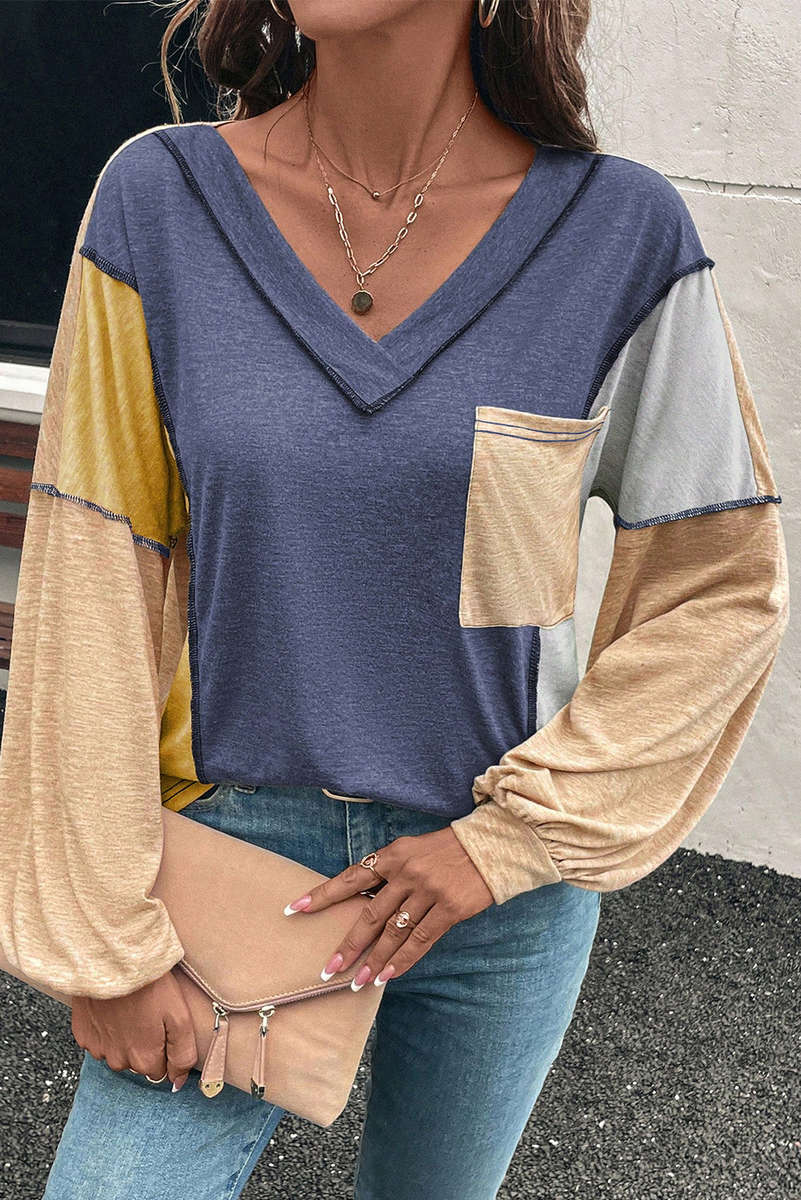 Sail Blue Exposed Stitching Colorblock V Neck Long Sleeve Top