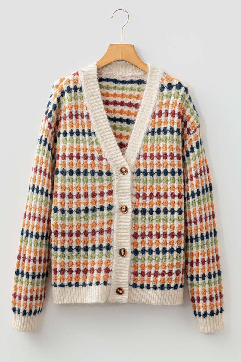 Multicolour Dotty Pattern Knit Button Front V Neck Sweater Cardigan