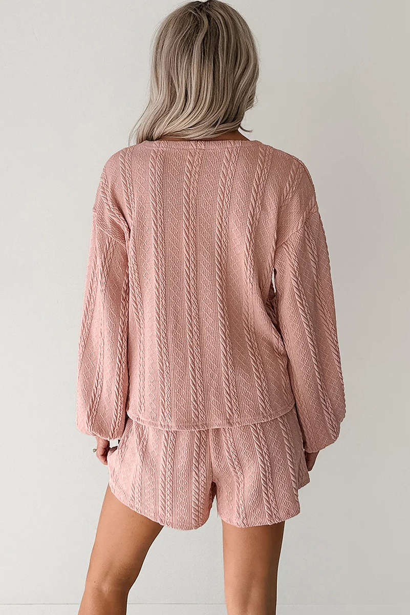 Gossamer Pink Cable Knit V Neck Cardigan Shorts Set