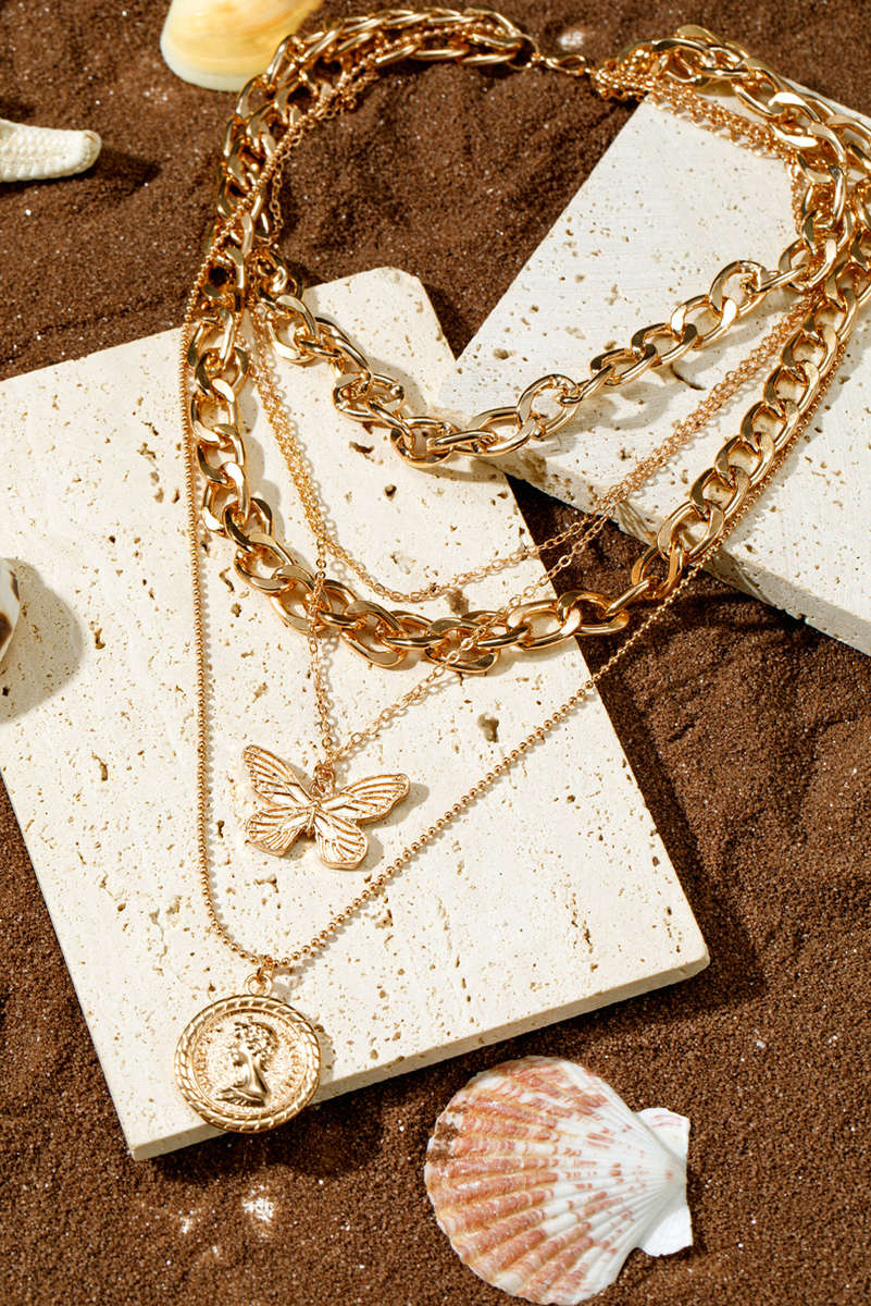Gold Plated Alloy Multilayer Butterfly Charm Necklace