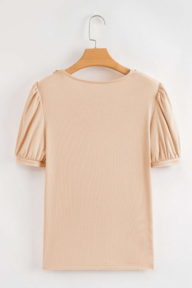 Pale Chestnut Crochet Floral V Neck Textured Short Sleeve Blouse