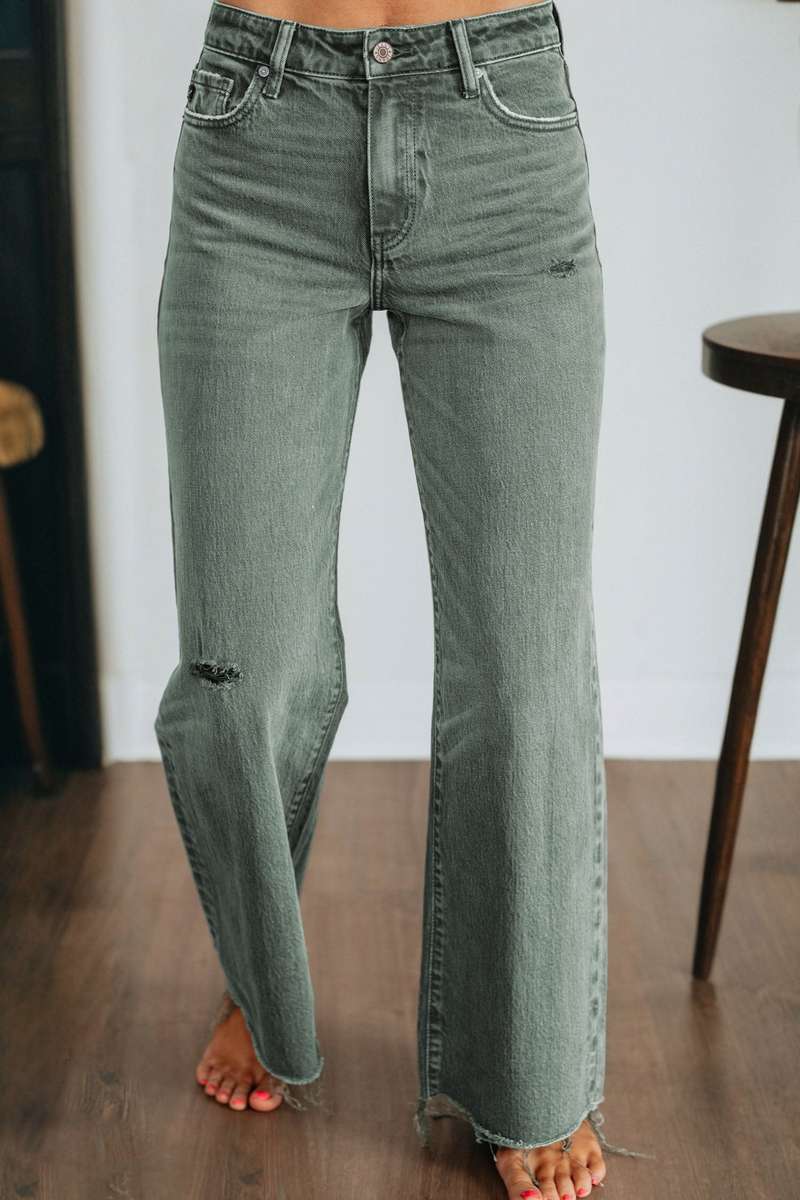 Four Leaf Clover Slight Distressed Raw Edge Wide Leg Jeans