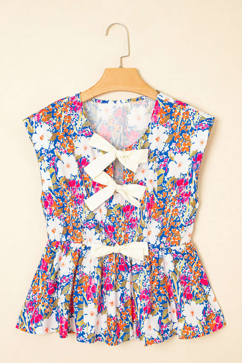 Rose Green Floral Print Bow Applique Slit Sleeveless Peplum Blouse