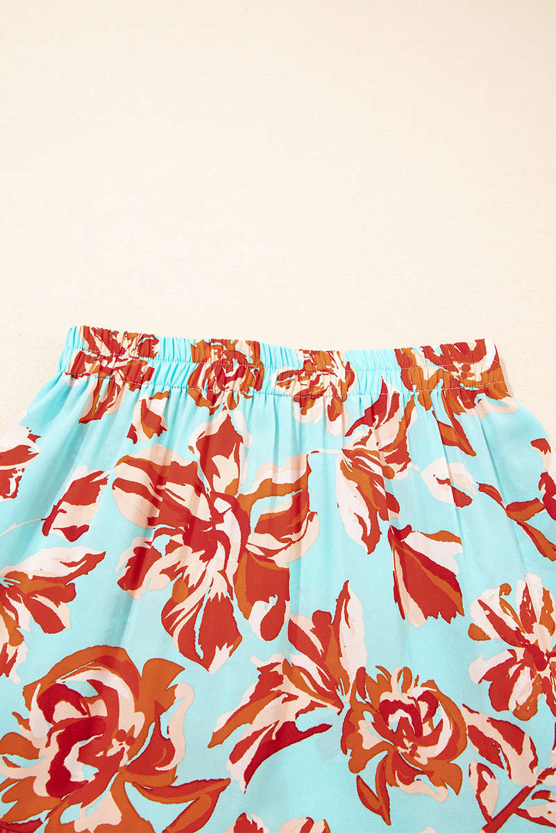 Green Bohemian Floral Print Tiered Maxi Skirt with Split