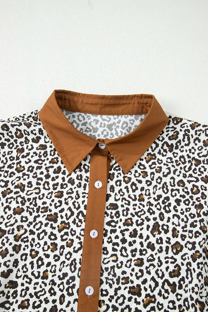 Khaki Plus Size Button V Neck Leopard Print Puff Sleeve Loose Mini Dress