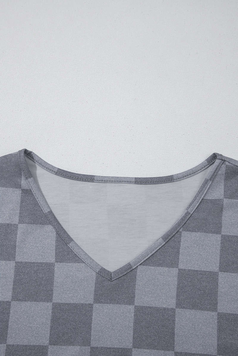 Gray Checkered V Neck Tee Drawstring Shorts Lounge Set