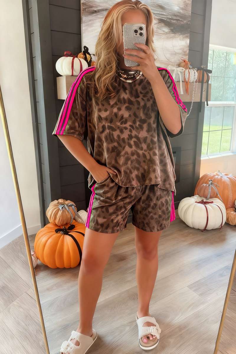 Brown Contrast Striped Accent Leopard Short Set
