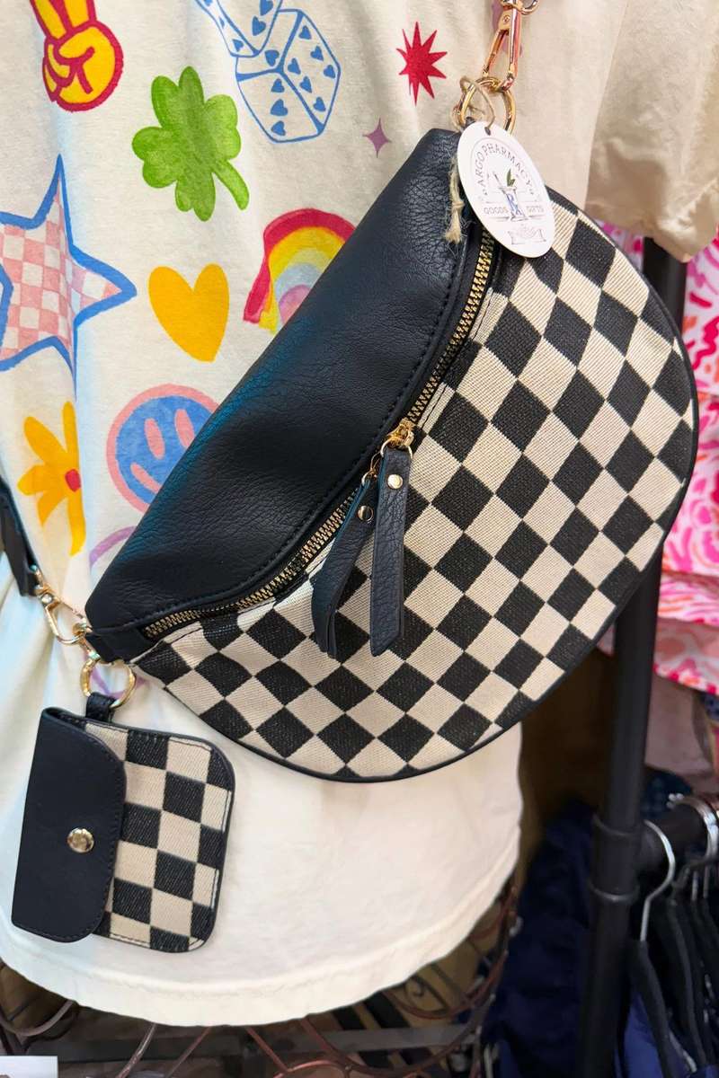 Black PU Leather Checkered Knit Patchwork Wallet Attached Shoulder Bag