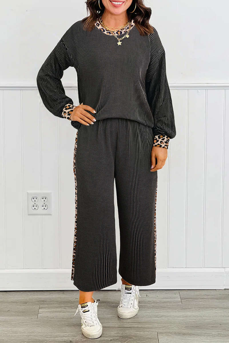 Carbon Grey Twisted Rib Texture Leopard Patchwork Detail 2pcs Pant Set