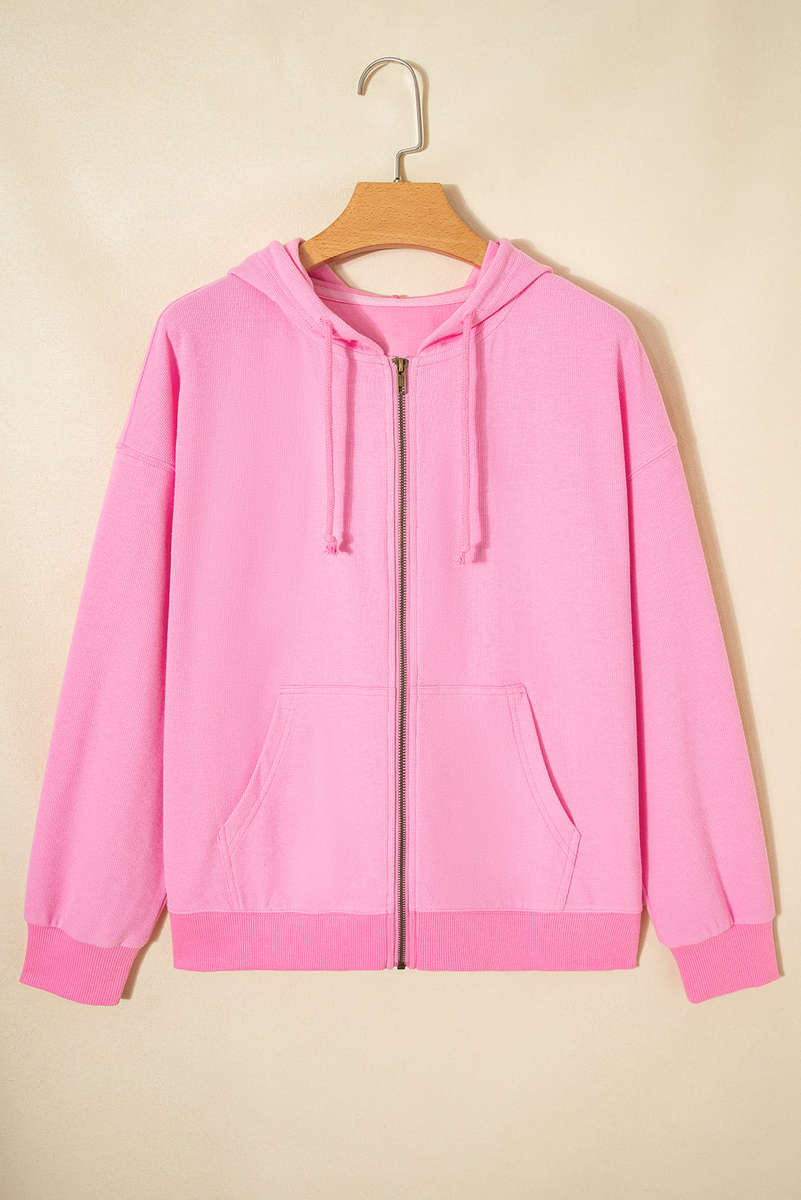 Sachet Pink Solid Color Ribbed Zip Up Drawstring Hooded Jacket