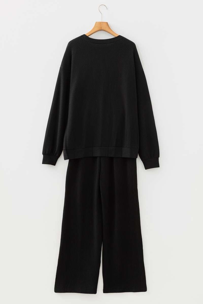 Black MERRY Corded Long Sleeve Top and Pockets Pants Set