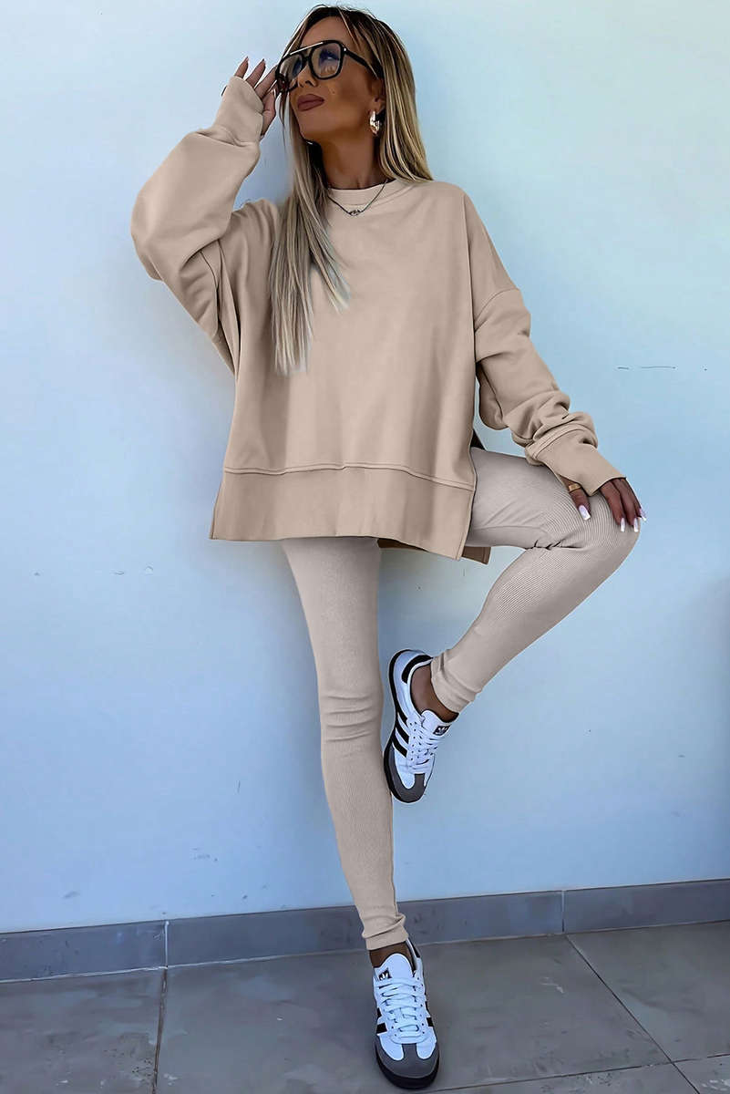 Jet Stream Solid Color Oversize Slit Sweatshirt Ribbed Leggings 2pcs Set
