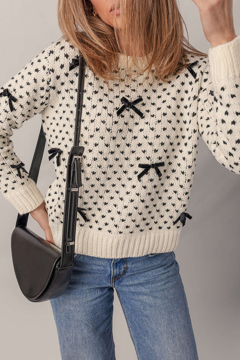 Beige Bow Decor Color Contrast Ribbed Edge Crew Neck Sweater