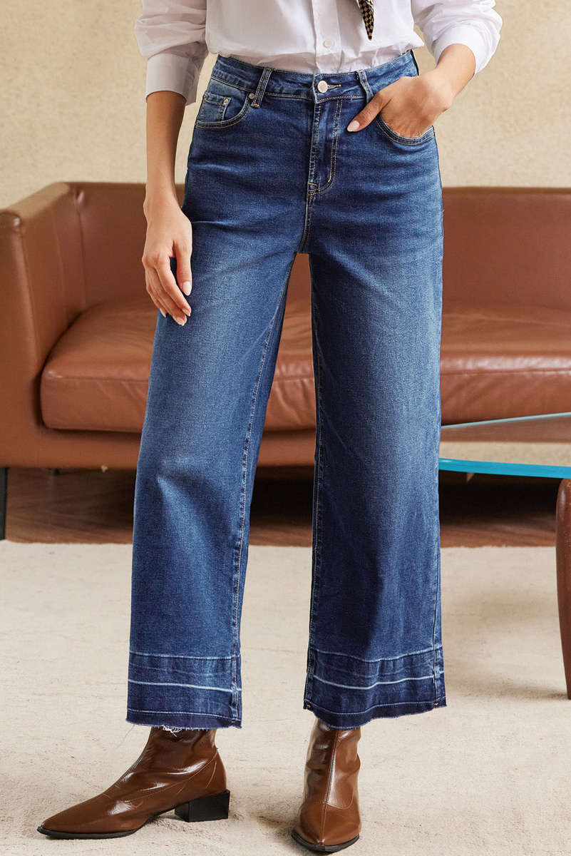 Real Teal Raw Hem Straight Leg Loose High Waist Jeans