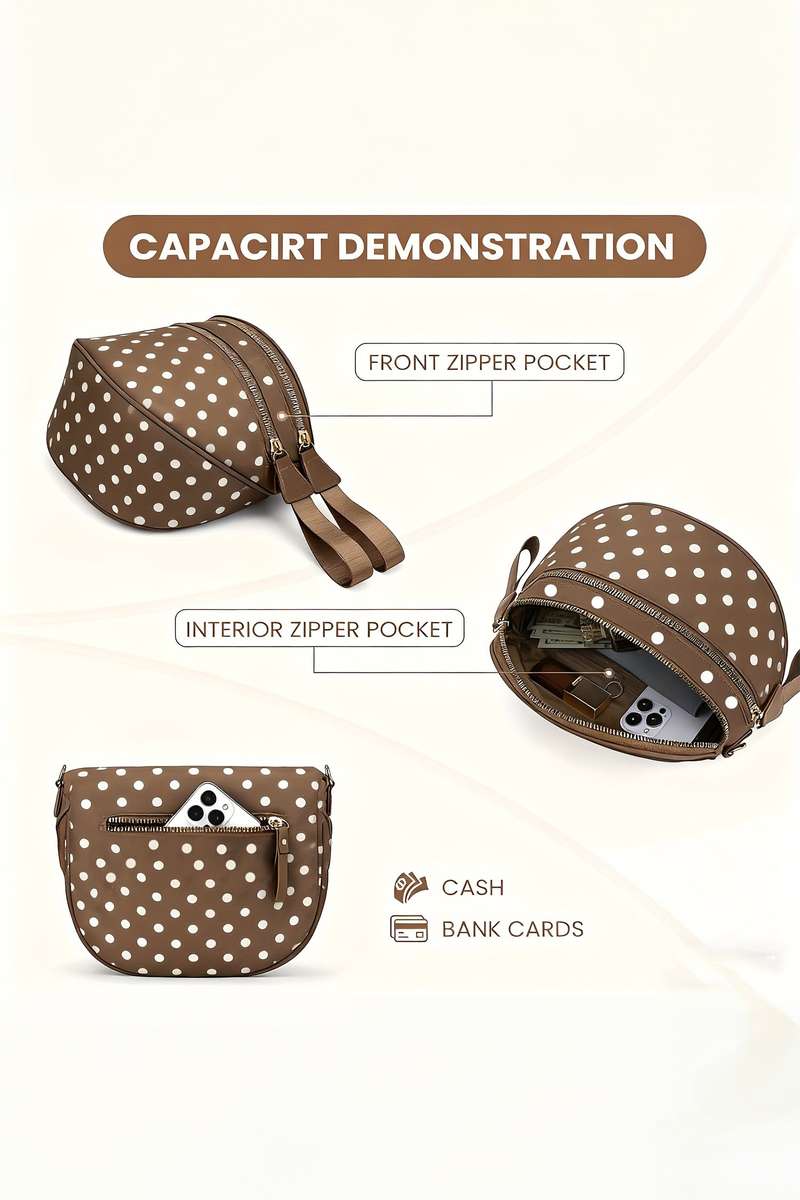 Camel Polka Dot Print Gold Chain Strap Double Zipper Crossbody Bag
