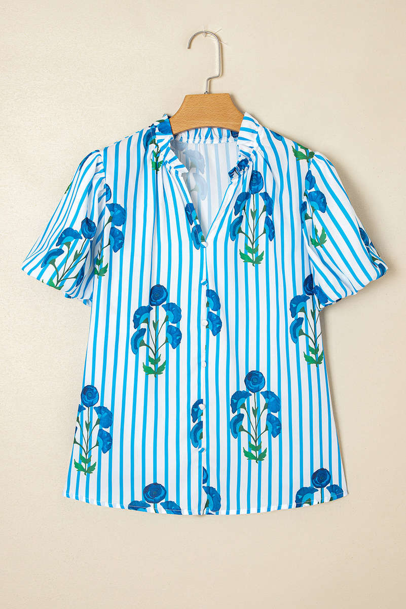 Sky Blue Stripe Floral Buttoned Frilly Notched Neck Puff Sleeve Summer Blouse