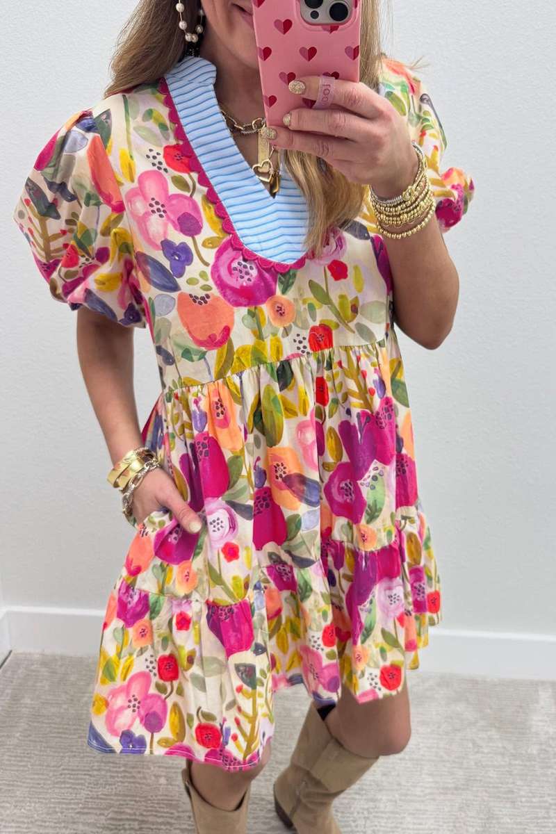 Rose Bright Floral Print Ricrac Trim Striped Patchwork V Neck Dress