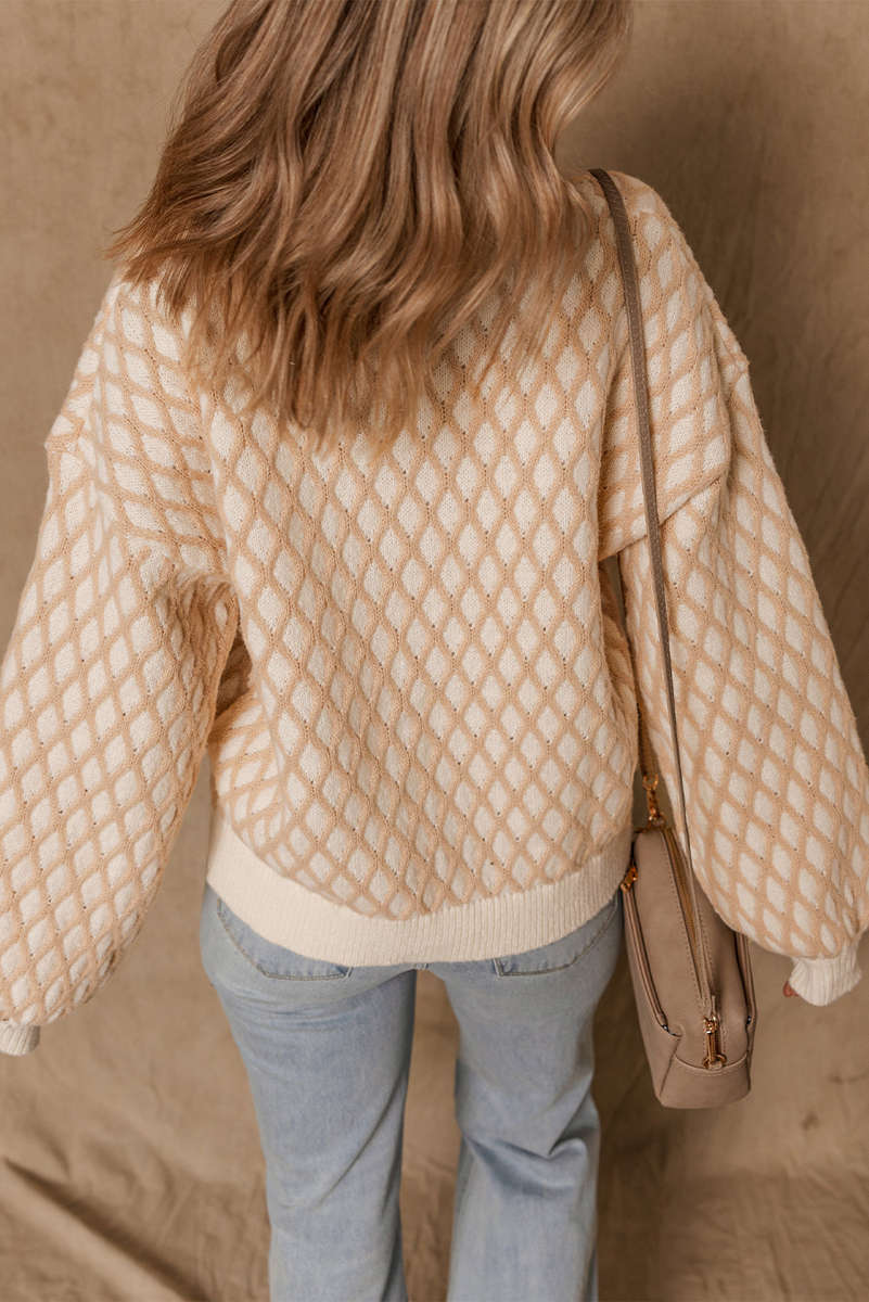 Smoke Gray Rhombus Textured Knit Mock Neck Sweater