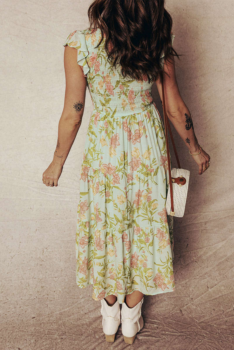 Yellow Smocked Bodice Ruffled Sleeveless Tiered Floral Maxi Dress