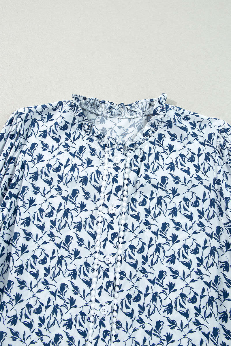 Blue Printed Lace Detail Floral Puff Sleeve Fall Shirt
