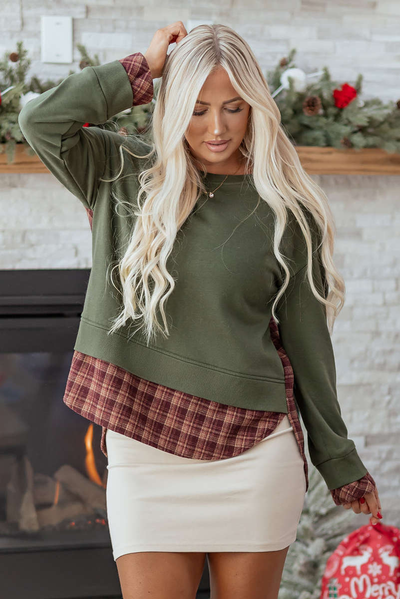 Moss Green Vintage Plaid Patchwork Drop Shoulder Sweatshirt