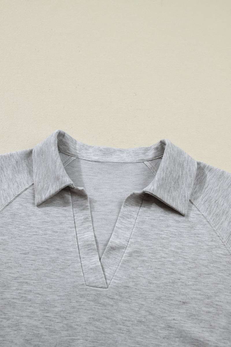 Light Grey Collared V Neck Tee Drawstring Elastic Waist Shorts 2pcs Outfit