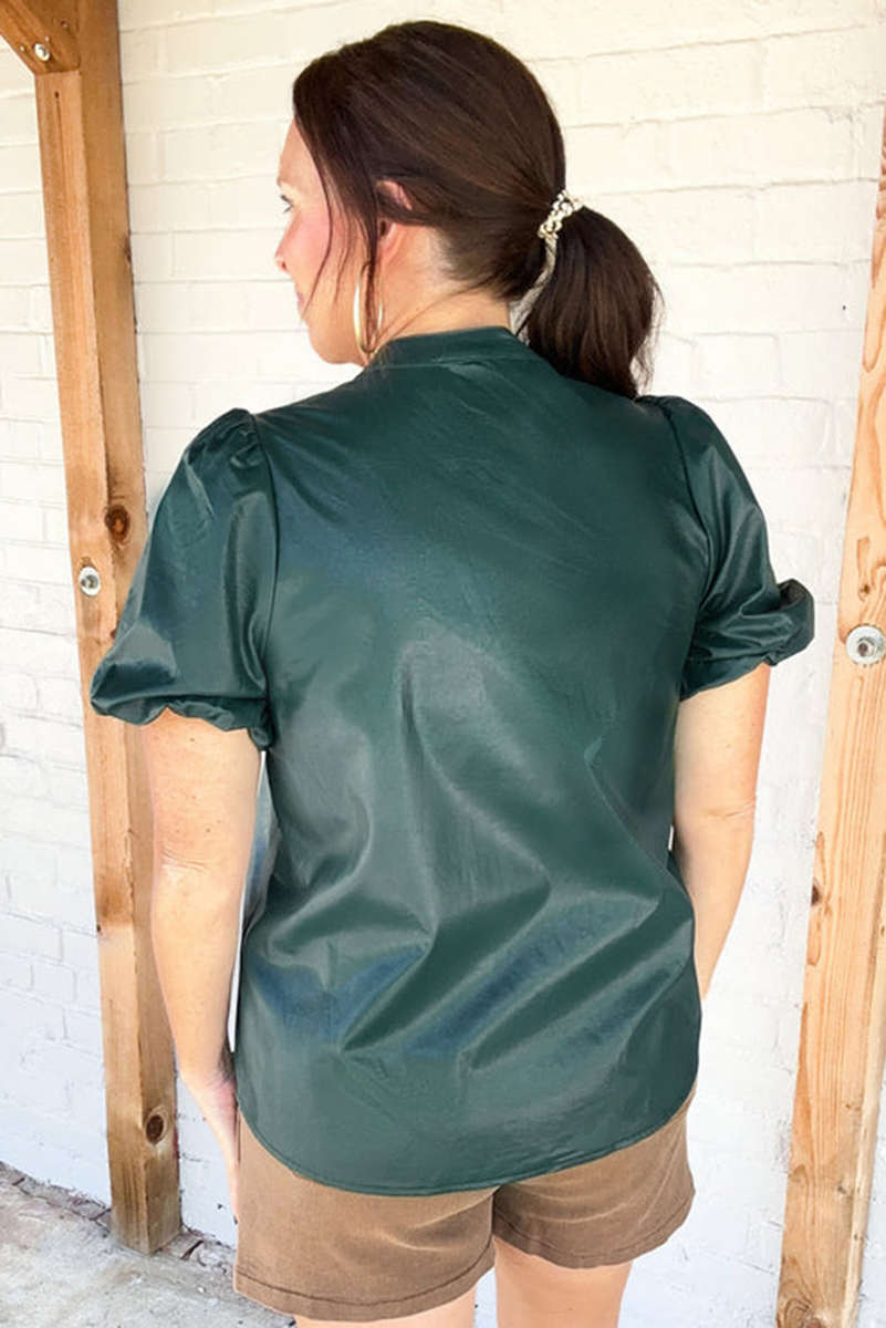Sea Green  Notched V Neck Short Puff Sleeve PU Leather Blouse