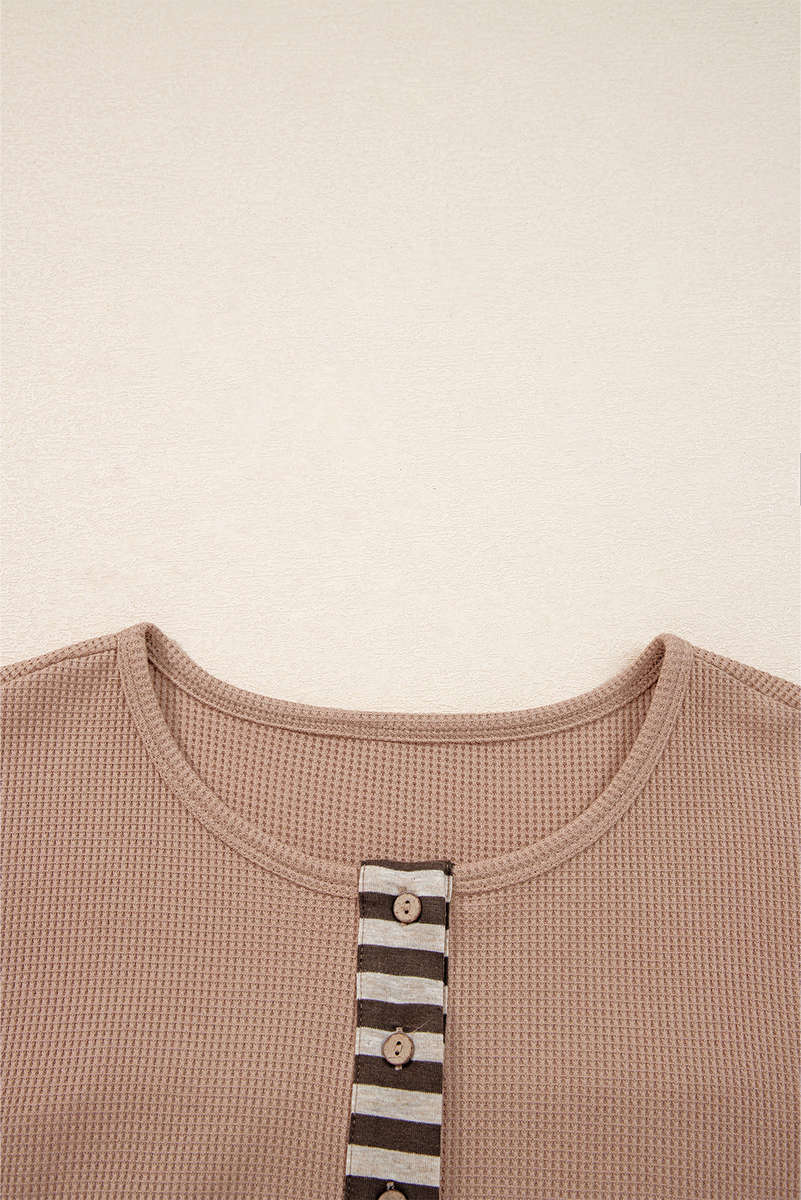 Straw Yellow Waffle Stripe Plaid Patchwork Henley Knit Top